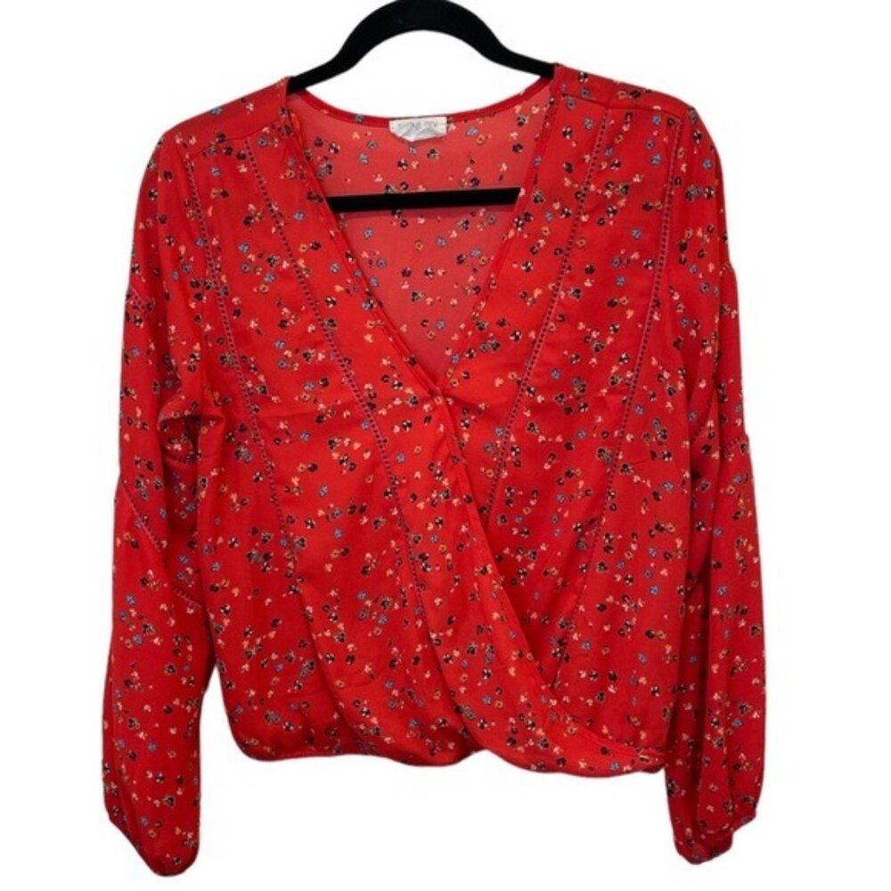 Sienna Sky Womens‎ Wrap Blouse Red Floral Small Lightweight Polyester